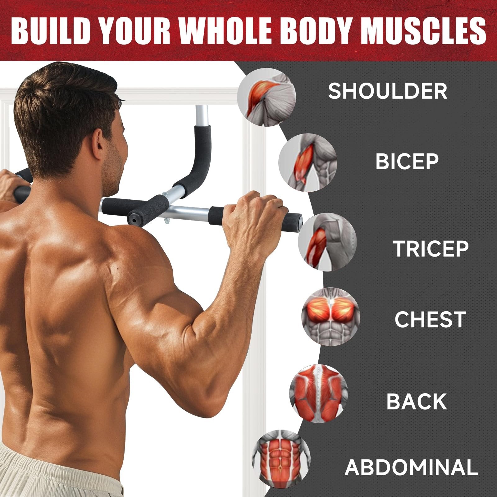 leikefitness Pull-Up Bar For Door Frame Adjustable Portable Upper Body Fitnes...