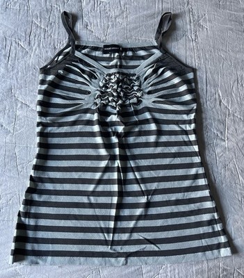 Giorgio Armani Gray Blue  Striped Knit Ruffle Camisole Sleeveless Top 38