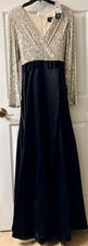 Xscape Women's V-Neck Long Sleeve Sequin Satin Gown Silver/Black size 10