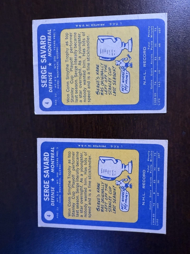 1969-70 Topps Serge Savard #4 (RC) 2 张卡套装蒙特利尔加拿大人 — 第 4/4 张图片