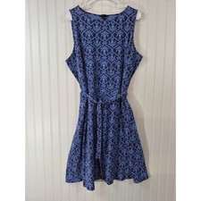 Lands End Womens XL Blue Damask Floral Sleeveless Belted Jersey Knit Dress