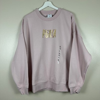 Puma Women's XXL ESS Shine Crew Sweatshirt Mauve Mist Pink Gold Logo NEW