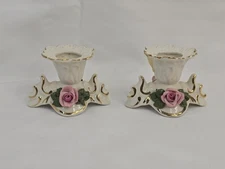 Vtg Karl Klette Porcelain Candle Stick Holder Pair Rose Gold Trimmed D Crown