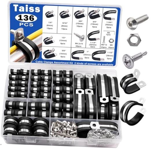 136PCS 304 Stainless Steel Cable Clamps Assortment Kit with Rubber