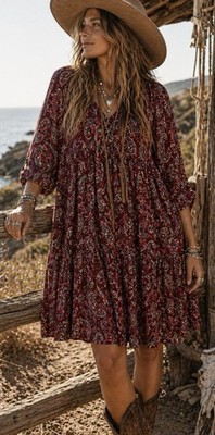 Garnet Hill Oversized Sheer Paisley Peasant Dress Size 12 Boho Western 3/4 sleev