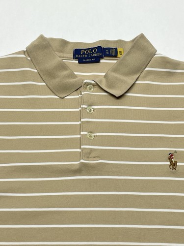 Polo Ralph Lauren Tan Stripe Flesh Pony Logo Classic Fit Polo Shirt Mens XL Flaw - Picture 6 of 18
