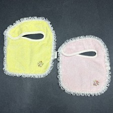Terry cloth Lace Baby Bib Pastel Pink Yellow Bibs Vintage 1980s