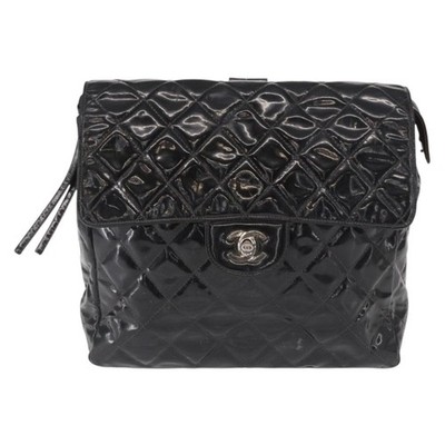 Chanel Vintage Square Flap Backpack Enamel Black Patent_Leather