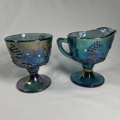 Vintage Indiana Carnival Glass Iridescent Blue Harvest Grape Sugar & Creamer Set