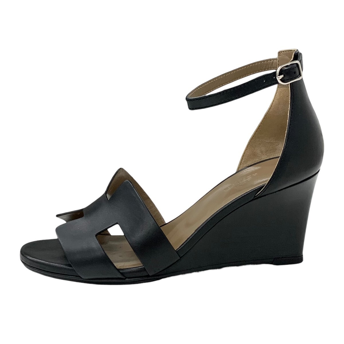 Hermès Legend Sandals Wedge Sole Black Leather Size 38 US About 8 For Women thumbnail 4