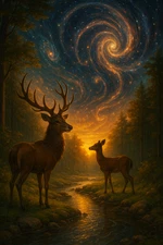 Deer & Forest Galaxy Swirl AI Art Phone Wallpaper PNG JPEG Digital Background