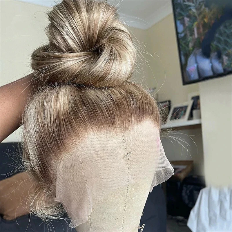 Pelucas de cabello 100 % humano marrón con reflejos rubios claros peluca frontal de encaje completo 13x4 Foto 4 de 4