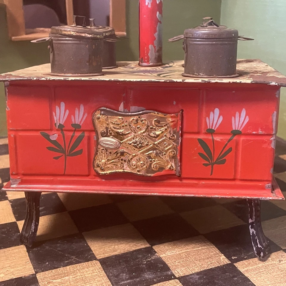 JOUET ANCIEN - TRES JOLIE CUISINIERE EN TOLE - DECOR FLEURI - CUISINE DE POUPEE - Photo 3/4