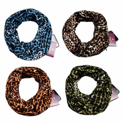Women Winter Warm Leopard Print Infinity Circle Loop Scarf With Zipper Pocket