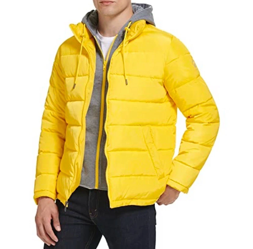 Kenneth Cole Men's Hood Puffer Angled Welt Pockets Yellow Large New Retail 159$