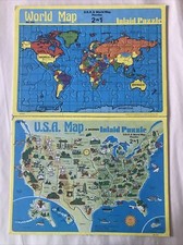 WORLD MAP/U.S.A. MAP-FRAME TRAY PUZZLE LOT of 2-WARREN PAPER PRODUCTS Co.-505
