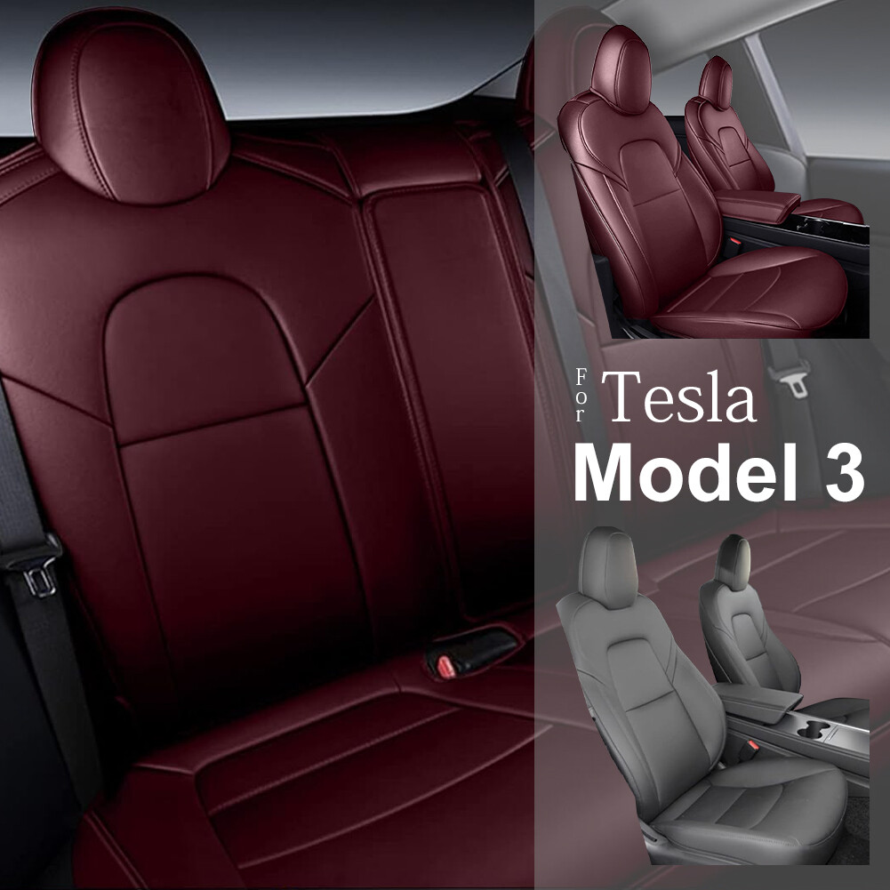For Tesla Model 3 2017-2023 Red Faux Leather Car 5-Seat Covers Pad Replace Seat