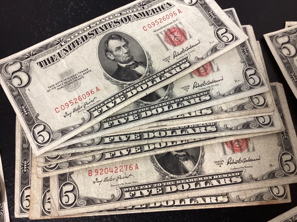 (Lot of 50) 1953-1963 $5 Legal Tender United States Red Seal Notes - Circulated - Image 3 of 4