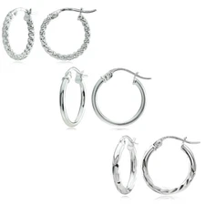 Sterling Silver Polished, Beaded & Diamond-cut 15mm Round Hoop Earrings Set of 3