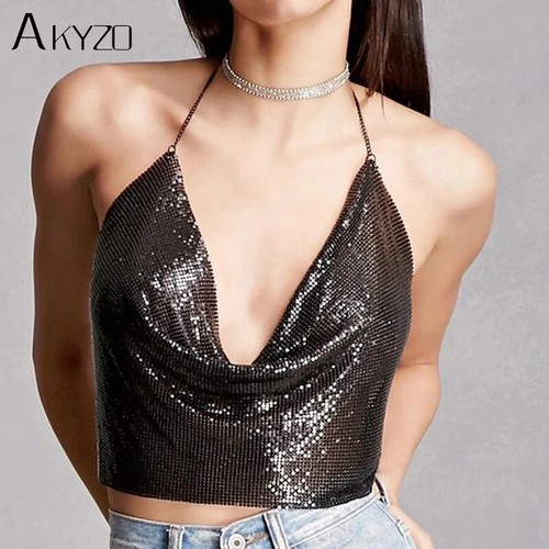 Metal Sequined Halter Women Sexy V Neck Backless Chain Plunge Tank Vest Crop Top - Picture 4 of 14