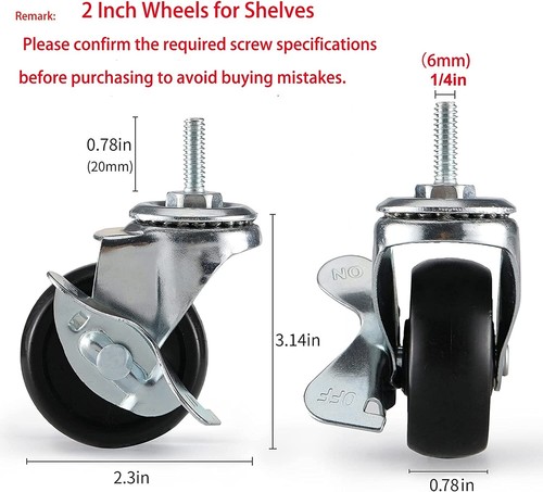 Casters Set of 4, Heavy Duty Industrial Castors, 2 Inch Wheels for Shelves, Wire - Picture 2 of 7