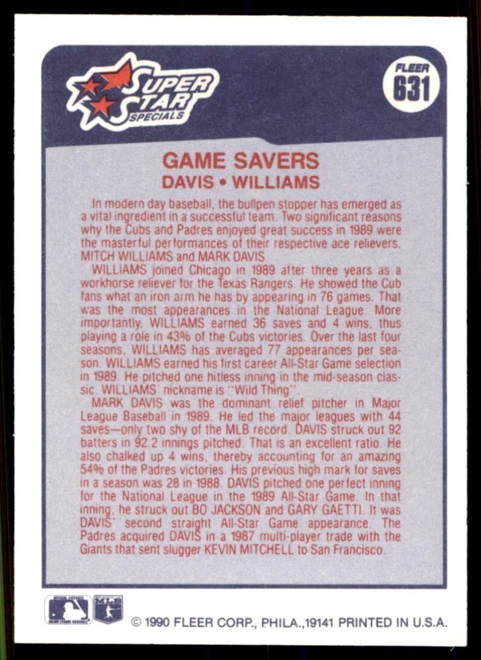 1990 Fleer Mark Davis/Mitch Williams San Diego Padres/Chicago Cubs #631 - Image 2 of 2