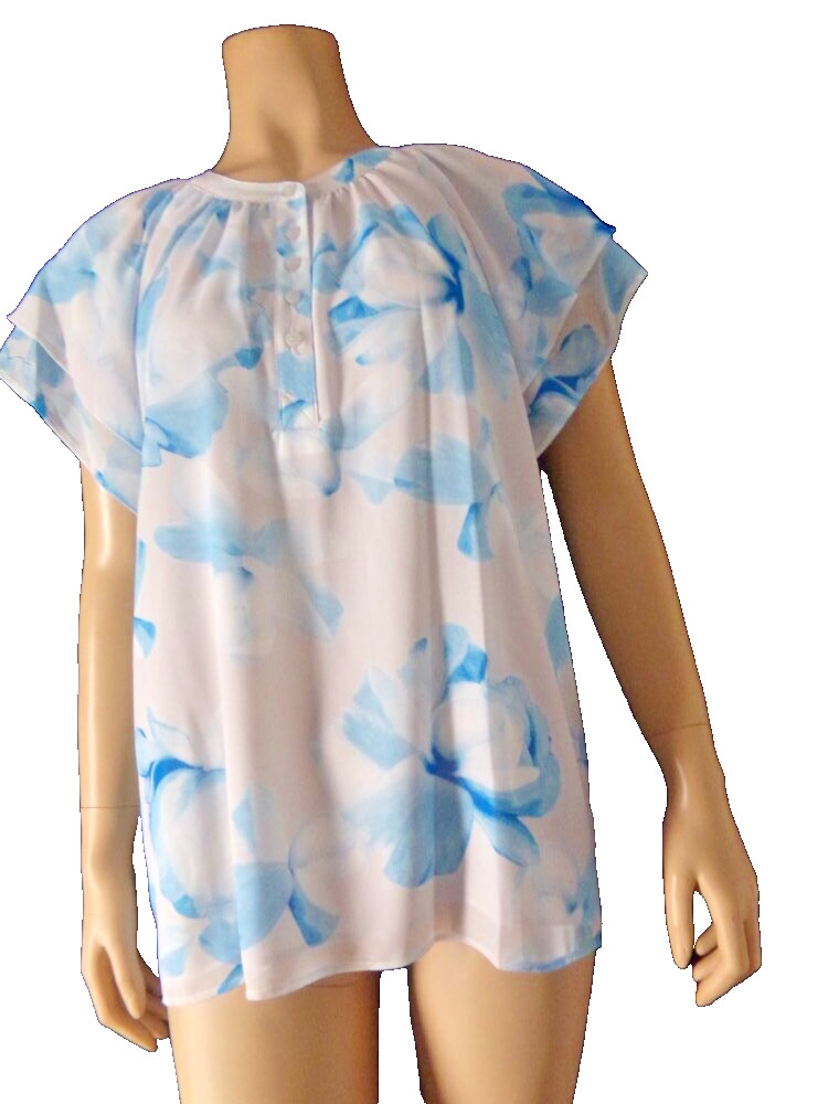 CALVIN KLEIN Top Blouse Medium blue white floral flutter sleeves NWT