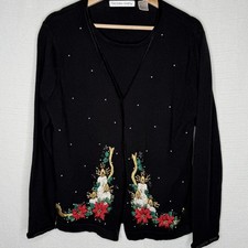 Victoria Jones Christmas Cardigan Sweater Combo Womens L Pearl Embroider Holiday