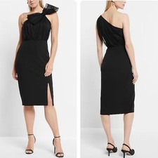 Express Black Mesh Polka Dot One Shoulder Bow Midi Sheath Dress size XL