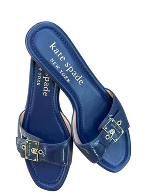 Kate Spade Gazebo Sandals Blue Patent Leather Low Block Heel Sz 9.5B Resortwear