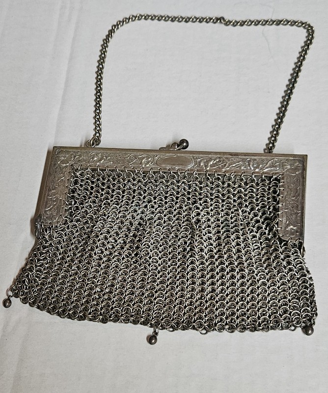 German Silver Mesh Purse with Chain Handle and Ornate Frame