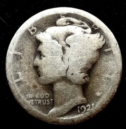 1921 Mercury Dime. Low Mintage Well Circulated .. AG