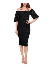 XSCAPE Womens Black 3d Elbow Sleeve Off Below The Knee Formal Sheath Dress 2