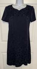 Vintage Talbots Sz 2 PETITES Navy Blue Silky Rayon S/S Lined Shift Dress EUC