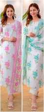 Beautiful Cotton Kurti Pant Dupatta Set Indian Bollywood Top Tunic Kurta Set