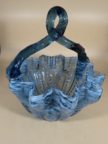 Vintage Blue Swirled Art Glass Basket with Twisted Handle
