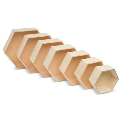 Wooden Hexagon Shelves with Backs, 7-set, for Crafts & DIY Décor |Woodpeckers