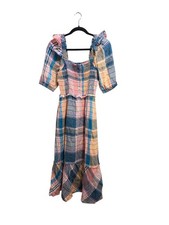 Vineyard Vines Mocked Puff Sleeve Maxi Dress Plaid Linen Women’s Size XS 