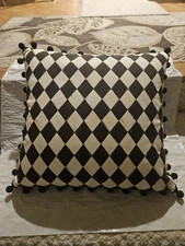 Mackenzie Childs Black Harlequin Check Throw Pillow  Royal Pom Poms 18" Square