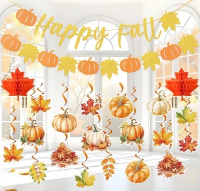 Herbstbanner, Happy Fall Party Deko Kürbis Ahornblatt hängend
