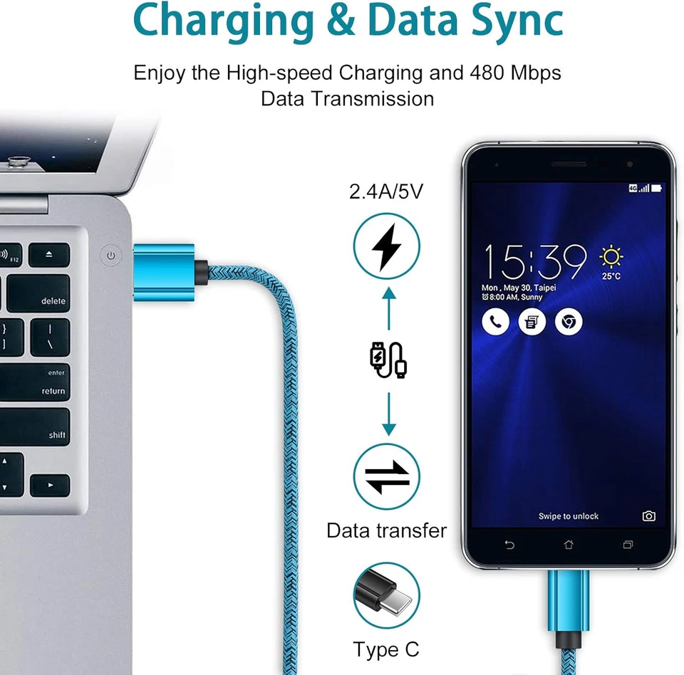 Braided USB to Type-C Fast Charging Data SYNC Charger Cable Cord 3/6/10FT Lot - Image 4 of 4