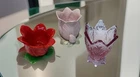 3 Vtg Tulip Flowers Hand Blown Glass Votive Candle Holder Art Glass  Red Pink