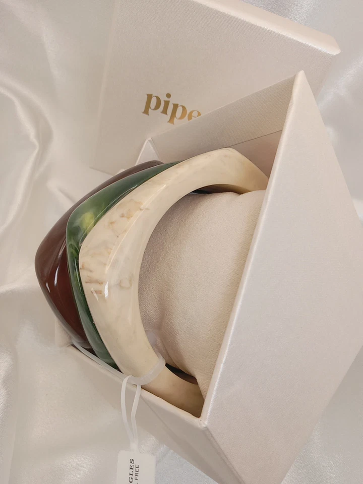 Juego de 3 brazaletes para mujer Piper-K Chunk'y mármol ámbar/verde y crema Foto 3 de 4