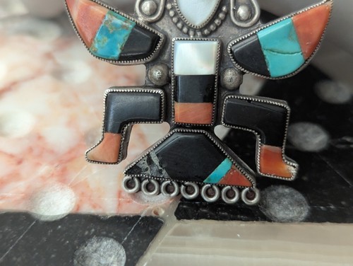 Large Vintage Zuni Art Handmade Sterling Multi Gem Inlay Knifewing Brooch Pin - Picture 7 of 23