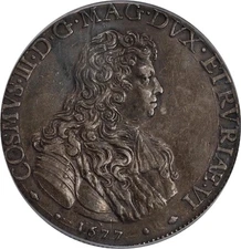 ITALY TUSCANY COSIMO III  1677 TALLERO SILVER COIN, PCGS CERTIFIED "AU DETAILS"