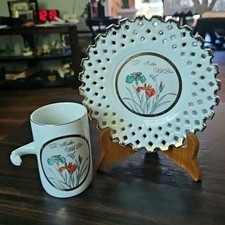 Vintage Japanese  Mother Love Porcelain Plate, Cup Gold Accent Lattice MCM 6" 