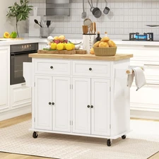 Rolling Kitchen Microwave Island with Flexible Storage Shelf Unit and Drawers
