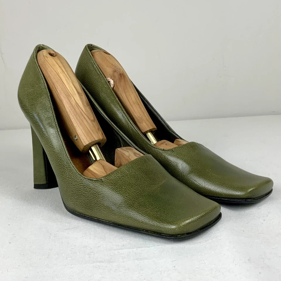 BCBG Maxazria итальянский кожаный квадратный носок насос оливковый зеленый каблуки размер 6,5 - Изображение 3 из 4