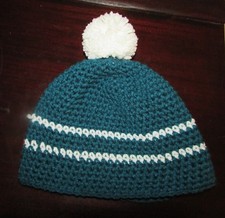 NEW Crochet Ski Cap Handmade in USA Pom Pom TURQUOISE BLUE WHITE STRIPES