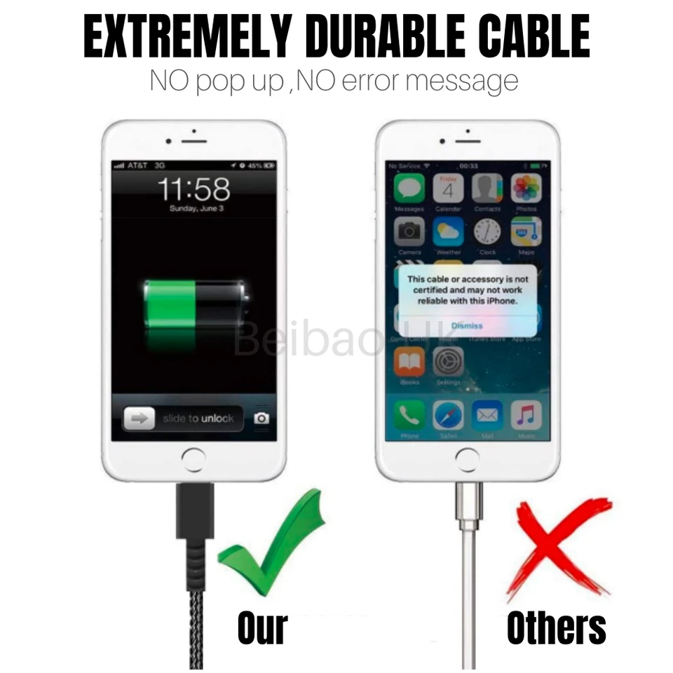 3PACK USB Data Cable Heavy Duty Fast Charger For Apple iPhone 13 12 11 SE XR 8 7 - Image 4 of 4